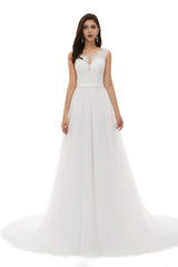 Wedding Dress And Shoes, White Tulle Scoop Neck Lace Appliques Beading Wedding Dresses