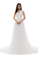 Wedding Dresses For Bridesmaid, White Tulle Scoop Neck Lace Appliques Beading Wedding Dresses