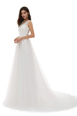 Wedding Dresses Designs, White Tulle Scoop Neck Lace Appliques Beading Wedding Dresses