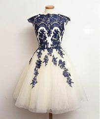 Little Black Dress, White Tulle Short Navy Blue Lace  Prom Dresses, Short Blue Lace Homecoming Dresses