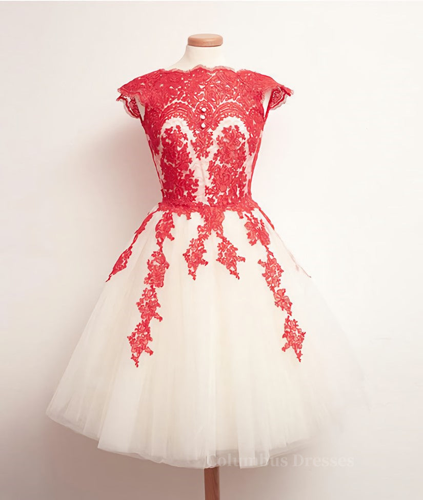 Formal Dresses With Tulle, White Tulle Short Red Lace Prom Dresses, Short Red Lace Homecoming Dresses
