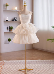 Prom Dresses Orange, White Tulle Straps Short Graduation Dress, White Tulle Sweetheart Prom Dress