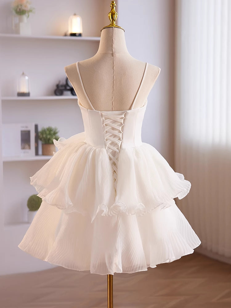Wedding Guest Dress, White Tulle Straps Short Graduation Dress, White Tulle Sweetheart Prom Dress