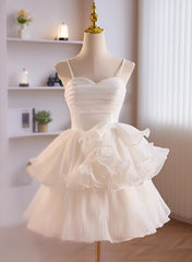 Prom Dresses Sage Green, White Tulle Straps Short Graduation Dress, White Tulle Sweetheart Prom Dress
