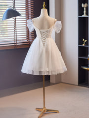 Prom Dresses Long With Sleeves, White Tulle with Lace Off Shoulder Short Party Dress, White Prom Dress Formal Dress