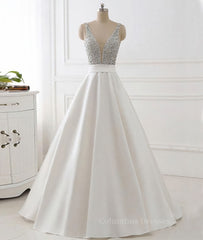 Party Dress New, White v neck beads sequin long prom dress, white evening dress