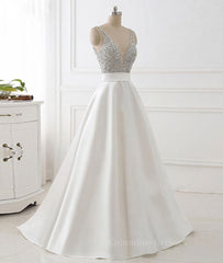 Party Dress Outfit Ideas, White v neck beads sequin long prom dress, white evening dress