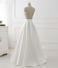 Party Dresses Outfits Ideas, White v neck beads sequin long prom dress, white evening dress
