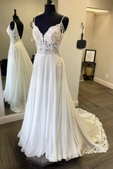 Bridesmaid Dress Long Sleeves, White v neck chiffon lace long prom dress, white evening dress