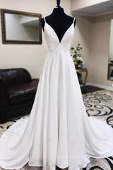 2059 Prom Dress, White v neck chiffon long prom dress, white lace evening dress