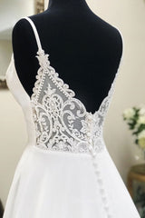 Evening Dress, White v neck chiffon long prom dress, white lace evening dress