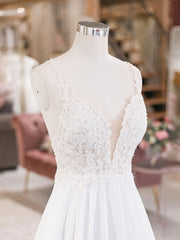 Wedding Dress Online Shop, White V Neck Lace Chiffon Long Wedding Dress, Beach Wedding Dress