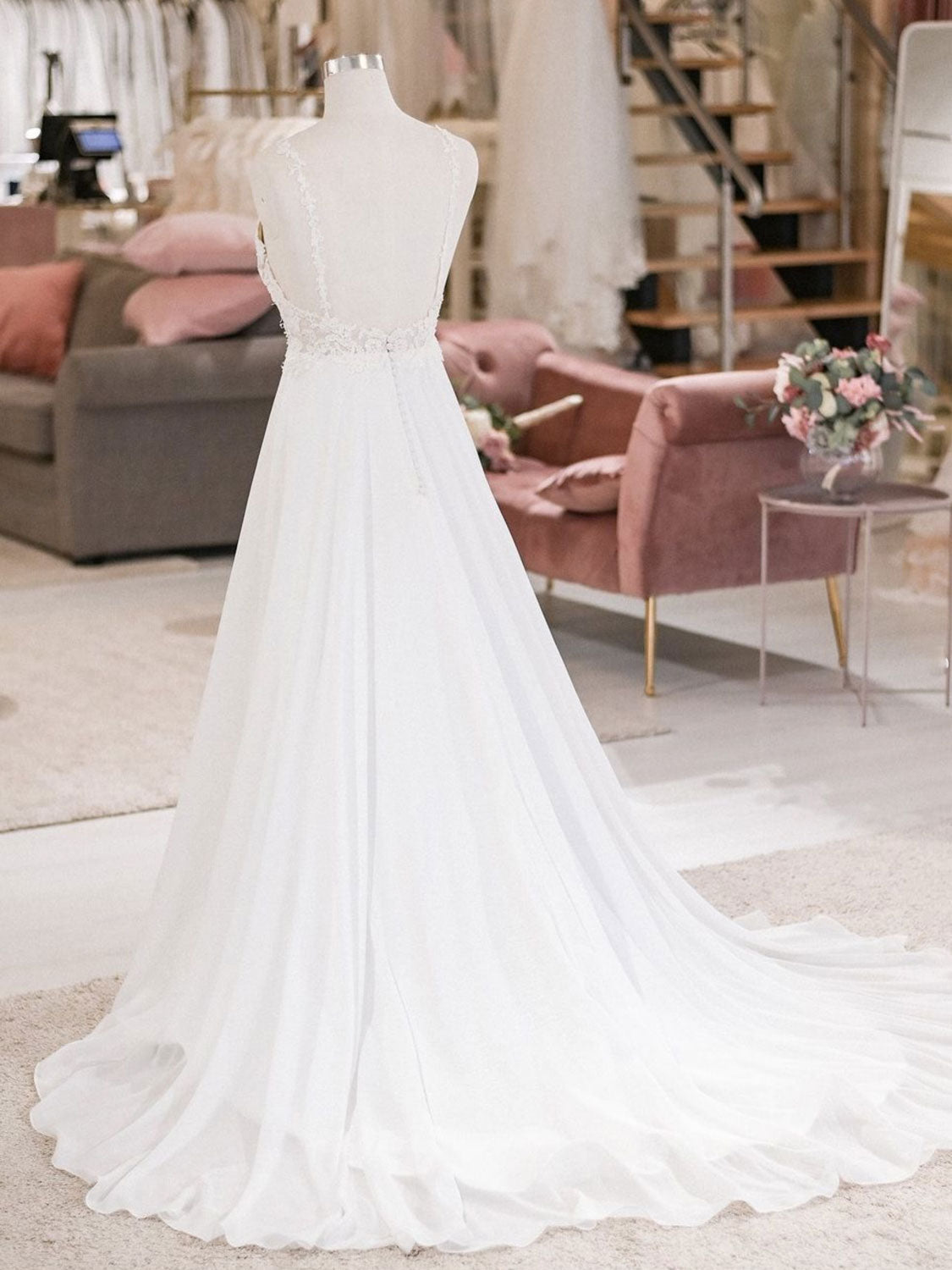 Wedding Dress Online Shops, White V Neck Lace Chiffon Long Wedding Dress, Beach Wedding Dress
