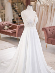 Wedding Dress Silhouettes Guide, White V Neck Lace Chiffon Long Wedding Dress, Beach Wedding Dress
