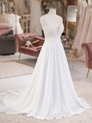 Wedding Dresses Online Shop, White V Neck Lace Chiffon Long Wedding Dress, Beach Wedding Dress