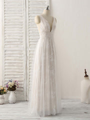 Party Dress Code Idea, White V Neck Lace Long Prom Dress Backless Lace Evening Dress