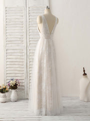 Party Dress Over 55, White V Neck Lace Long Prom Dress Backless Lace Evening Dress