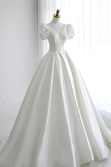 Homecoming Dress With Sleeves, White V-Neck Satin Long Prom Dress, A-Line Short Sleeve Formal Dress