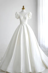 Homecomming Dress With Sleeves, White V-Neck Satin Long Prom Dress, A-Line Short Sleeve Formal Dress