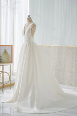 Bridesmaid Dress 2027, White V-Neck Satin Long Prom Dress, Simple A-Line Formal Dress