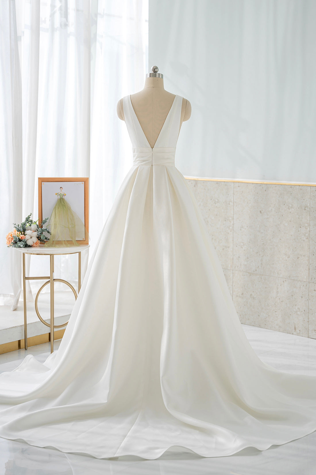 Bridesmaid Dress 2028, White V-Neck Satin Long Prom Dress, Simple A-Line Formal Dress