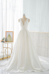Bridesmaid Dresses 2026, White V-Neck Satin Long Prom Dress, Simple A-Line Formal Dress