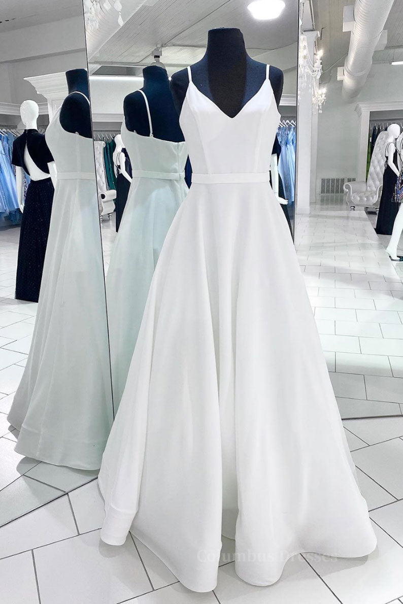 Bridesmaid Dresses Winter, White v neck satin long prom dress white evening dress