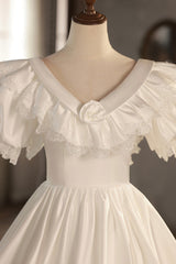 Wedding Dresses Vintag, White V-Neck Satin Long Prom Dress with Lace, Wedding Dress