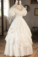 Wedsing Dress Vintage, White V-Neck Satin Long Prom Dress with Lace, Wedding Dress