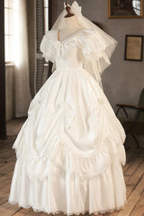 Wed Dresses Vintage, White V-Neck Satin Long Prom Dress with Lace, Wedding Dress