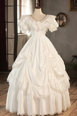 Wedding Dresse Vintage, White V-Neck Satin Long Prom Dress with Lace, Wedding Dress