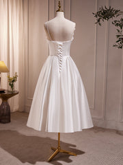 Formal Dresses Long Elegant Classy, White V Neck Satin Tea Length Prom Dress, White Formal Dress With Beading