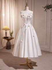Formal Dress With Sleeves, White V Neck Satin Tea Length Prom Dress, White Formal Dress With Beading