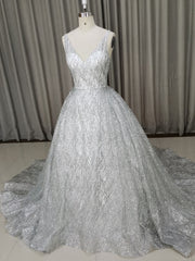 Bridesmaid Dresses Cheap, White V Neck Sequin Tulle Long Prom Dress White Tulle Evening Dress