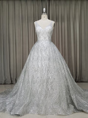 Bridesmaid Dresses Colorful, White V Neck Sequin Tulle Long Prom Dress White Tulle Evening Dress