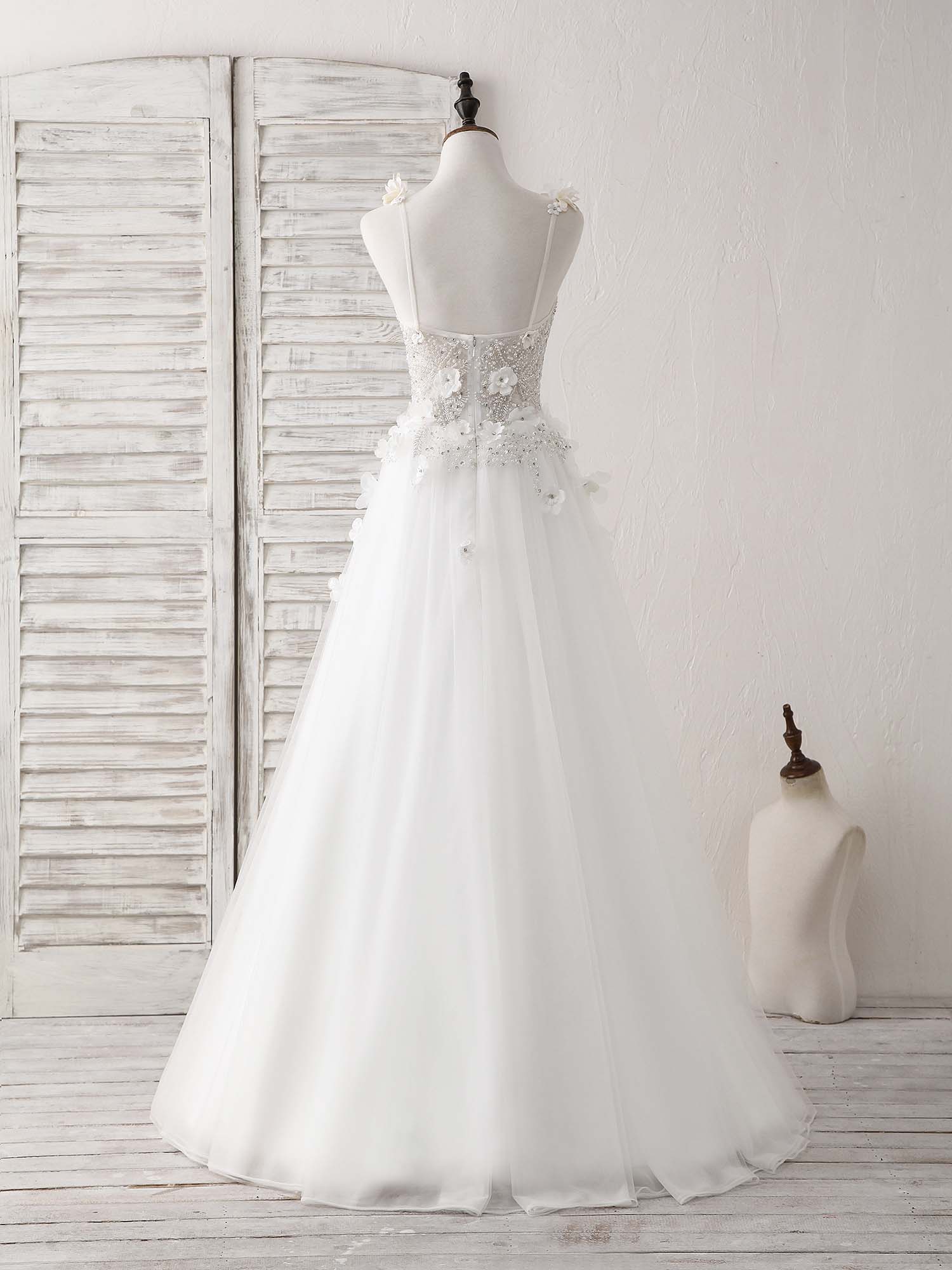 Bridesmaid Dresses Gowns, White V Neck Tulle Beads Long Prom Dress White Evening Dress