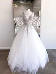 Homecoming Dress With Sleeves, White v neck tulle beads sequin long prom dress white evening dress
