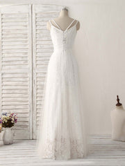 Party Dress A Line, White V Neck Tulle Lace Long Prom Dress White Evening Dress