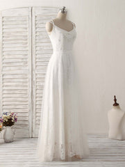 Party Dress Ball, White V Neck Tulle Lace Long Prom Dress White Evening Dress