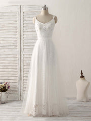 Party Dresses Idea, White V Neck Tulle Lace Long Prom Dress White Evening Dress