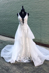 Evening Dresses Designer, White v neck tulle lace long prom dress white tulle lace evening dress