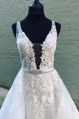 Evening Dress Designers, White v neck tulle lace long prom dress white tulle lace evening dress