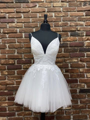 Prom Dressed 2063, White v neck tulle lace short prom dress, white homecoming dress