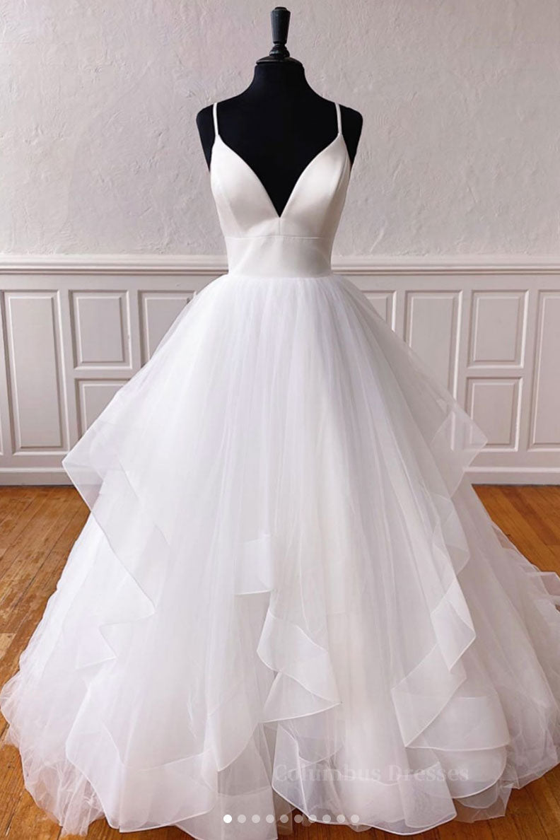 Prom Dress Online, White v neck tulle long prom dress white tulle evening dress