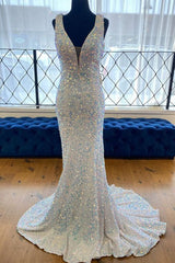 Formal Dress Boutiques Near Me, White Sequined Deep V Neck Sleeveless Glitter Prom Dress Formal Gown