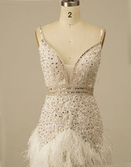 Wedding Inspiration, Gorgeous White Spaghetti Straps Beaded Homecoming Dress With Feather
