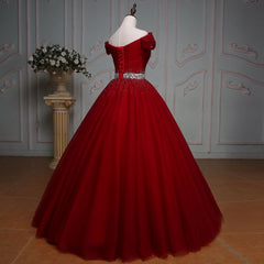 Bridesmaid Dresses With Lace, Wine Red Ball Gown Off Shoulder Beaded Party Dress, Tulle Off Shoulder Prom Dress