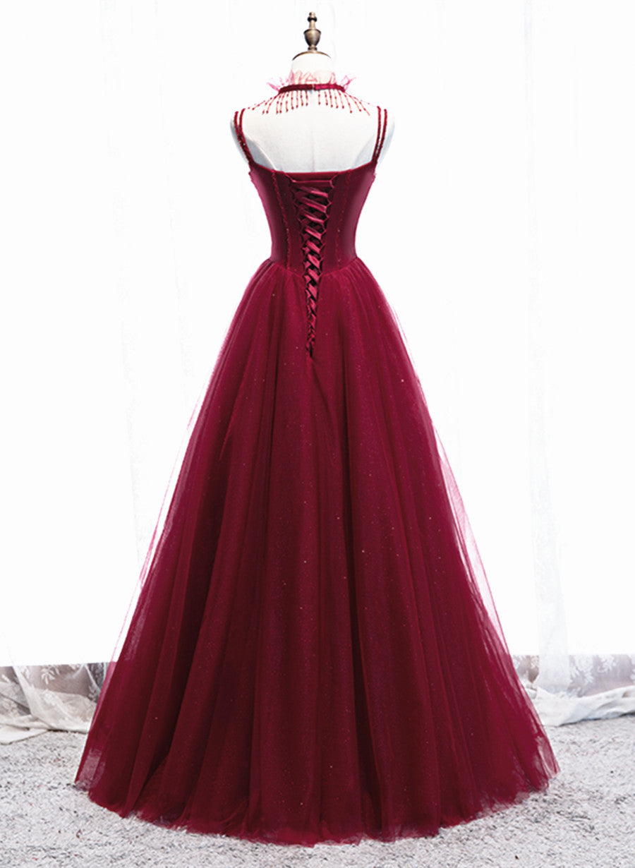 Bachelorette Party Outfit, Wine Red Beaded Straps Party Dress Prom Dress, Beaded Tulle Formal Dress