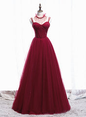 Wedding Photography, Wine Red Beaded Straps Party Dress Prom Dress, Beaded Tulle Formal Dress