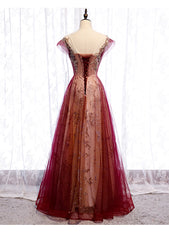 Long Dress Design, Wine Red Cap Sleeves Tulle with Lace Applique Party Dress, Wine Red Evening Dress Prom Dress